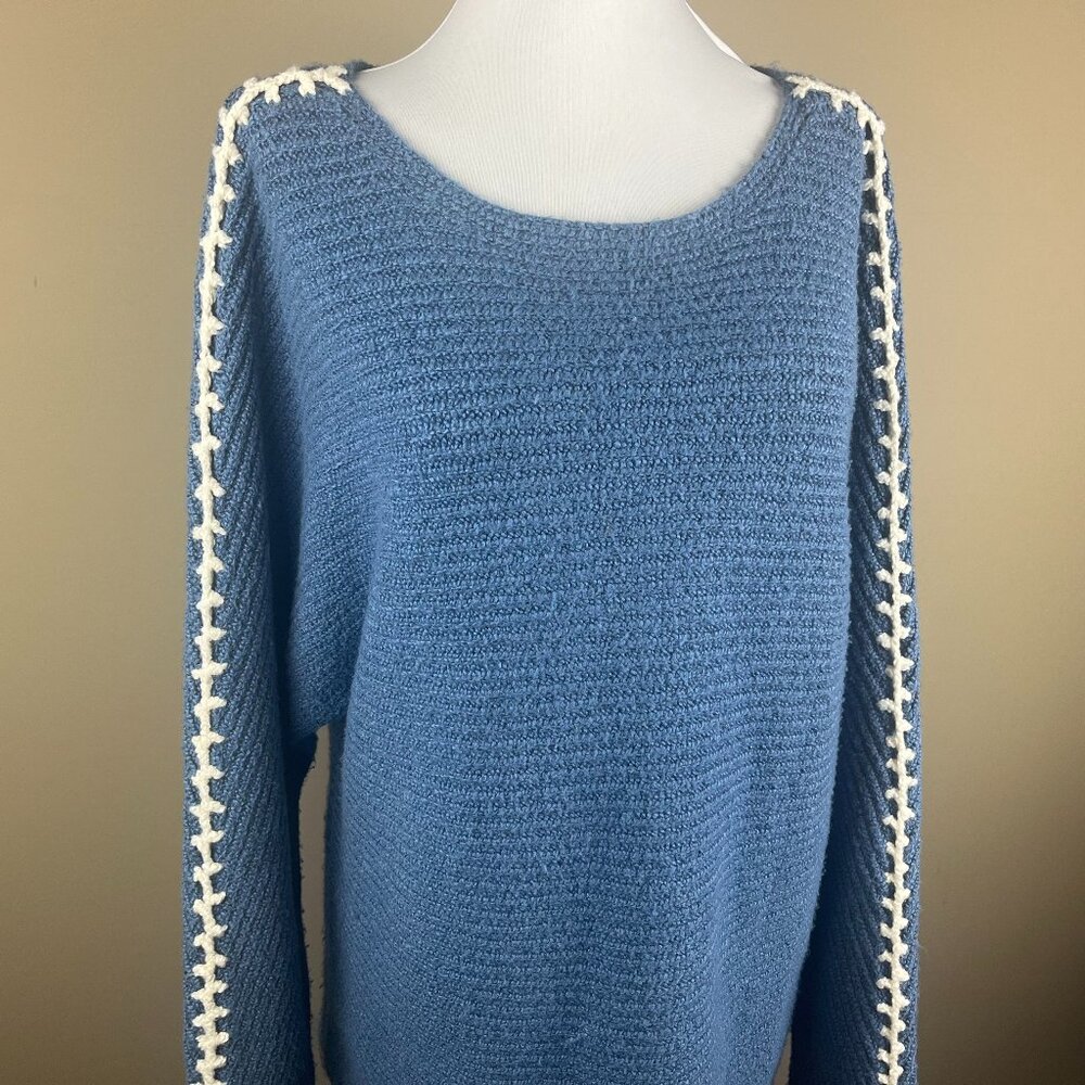 Pure Jill Long Sleeve Tunic Sweater Size M Blue Cream, Round Neckline
